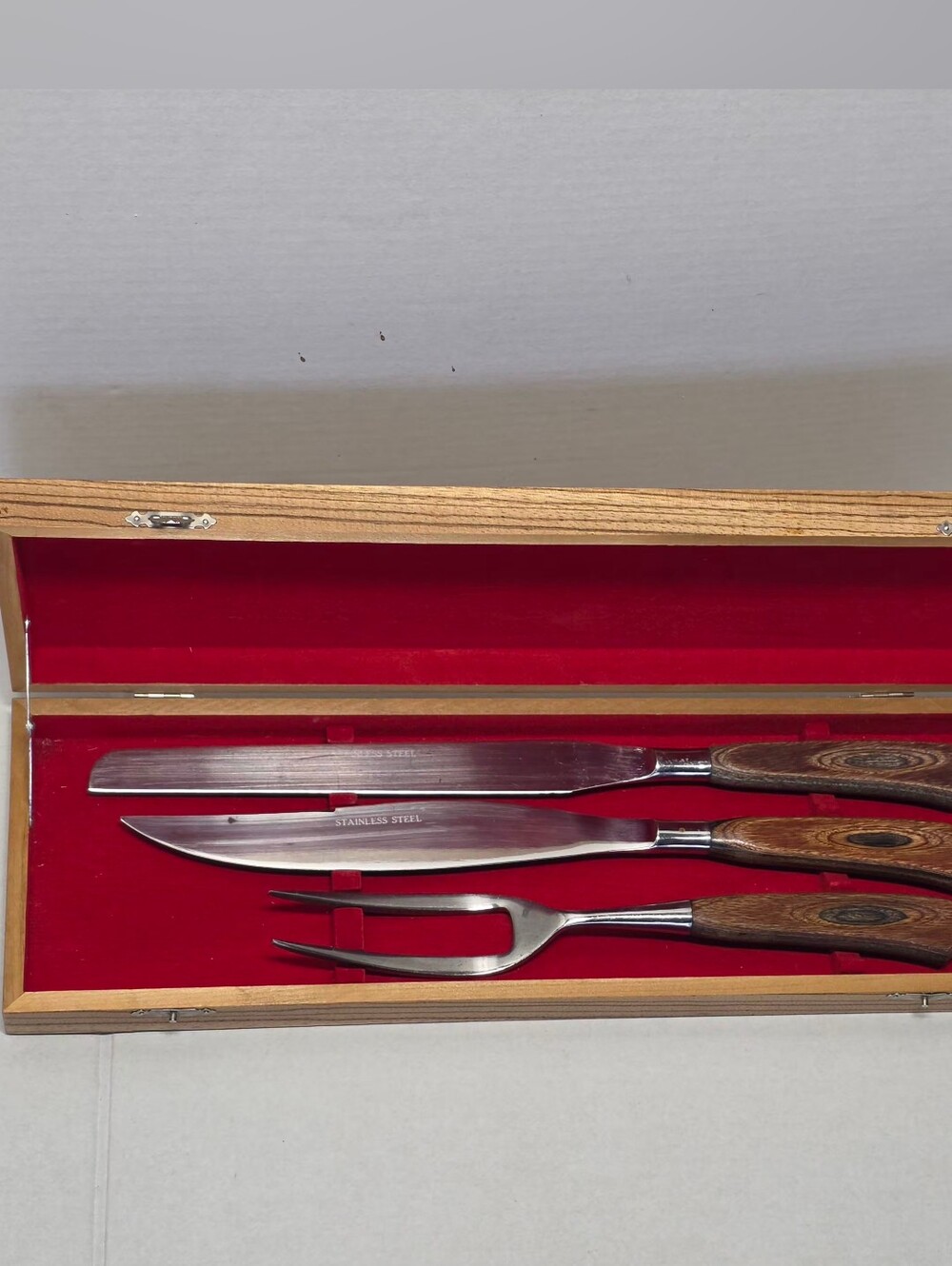 Vintage 3 Peice Carving Set Stainless Steel Japan Wood Handles & Original Box
